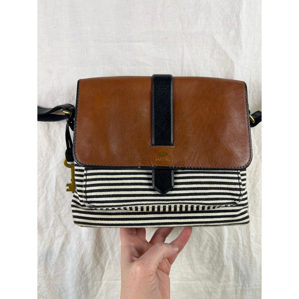 Fossil Crossbody‎ Bag Brown Leather Stripe Canvas Adjustable Strap Key Charm